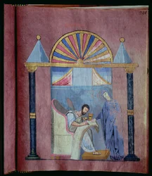 Ms EAB 644 fol.241 Die Jungfrau diktiert das Evangelium an St. Markus, aus dem Rossano-Evangelium